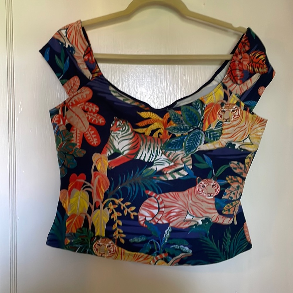 Maeve by Anthropologie off the shoulder top with jungle tigers